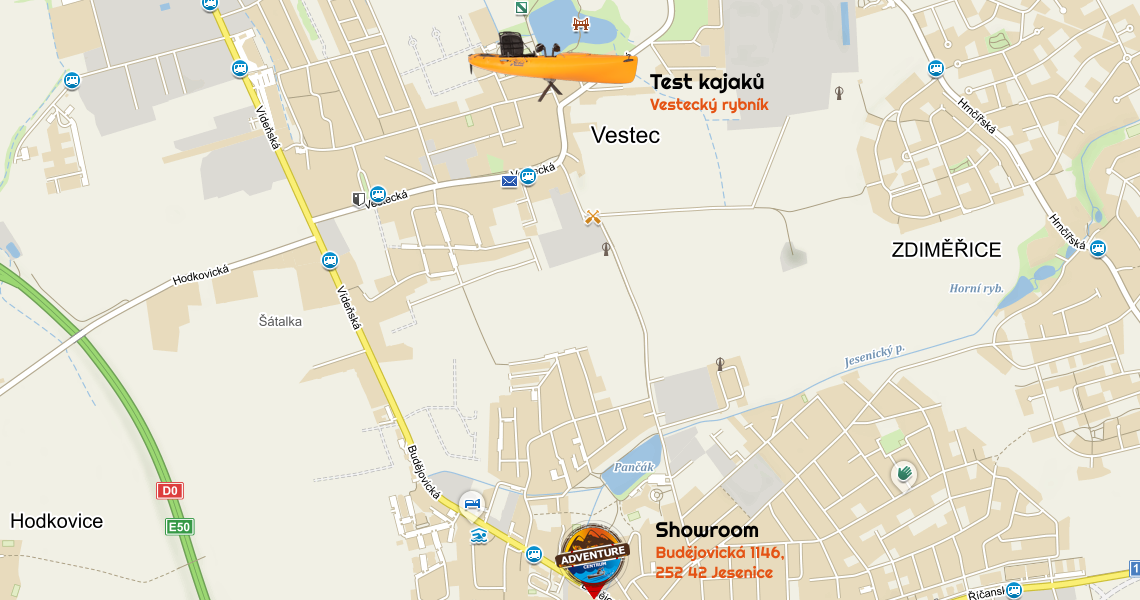 Mapka testování kajaků rybník Vestec u Prahy